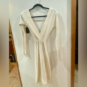 Windsor White Ribbed Knit Surplice V-Neck Open Back Sweater Dress Mini S